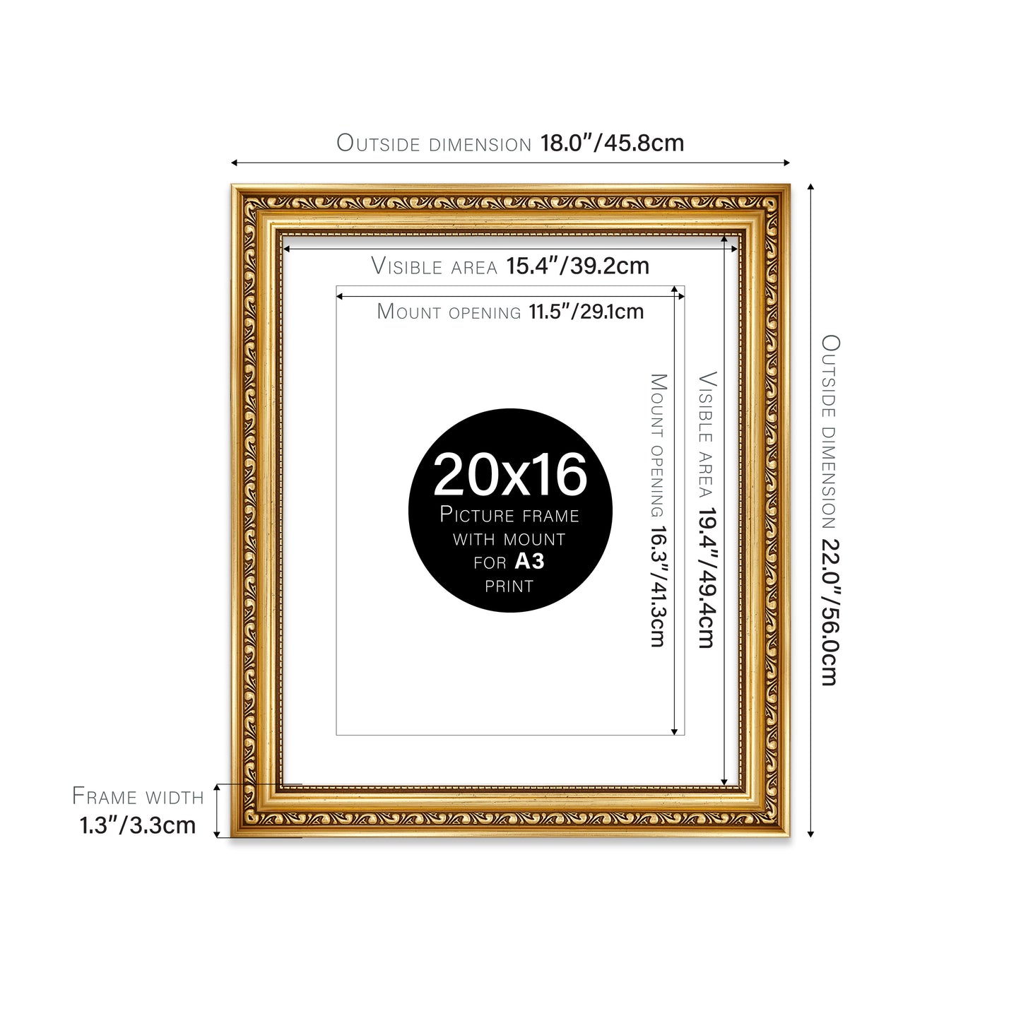 Gold Ornate Picture Frame 33mm Edge