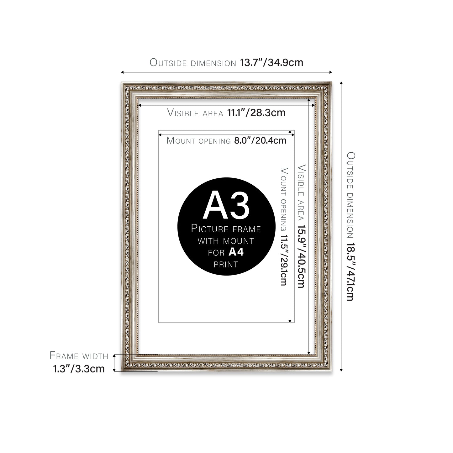 Silver Ornate Picture Frame 33mm Edge