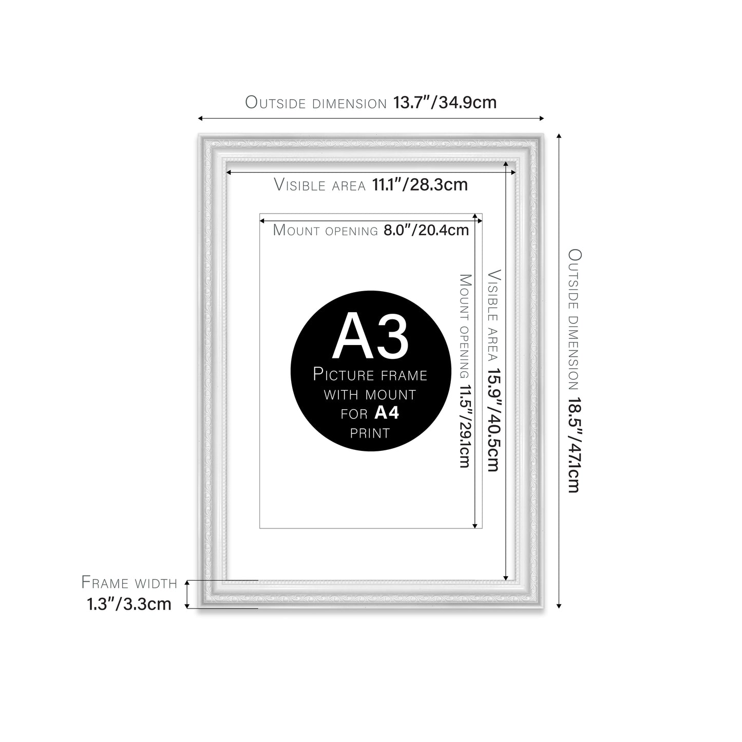 White Ornate Picture Frame 33mm Edge